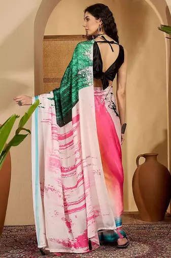 Pink abstract printed saree with unstitched blouse