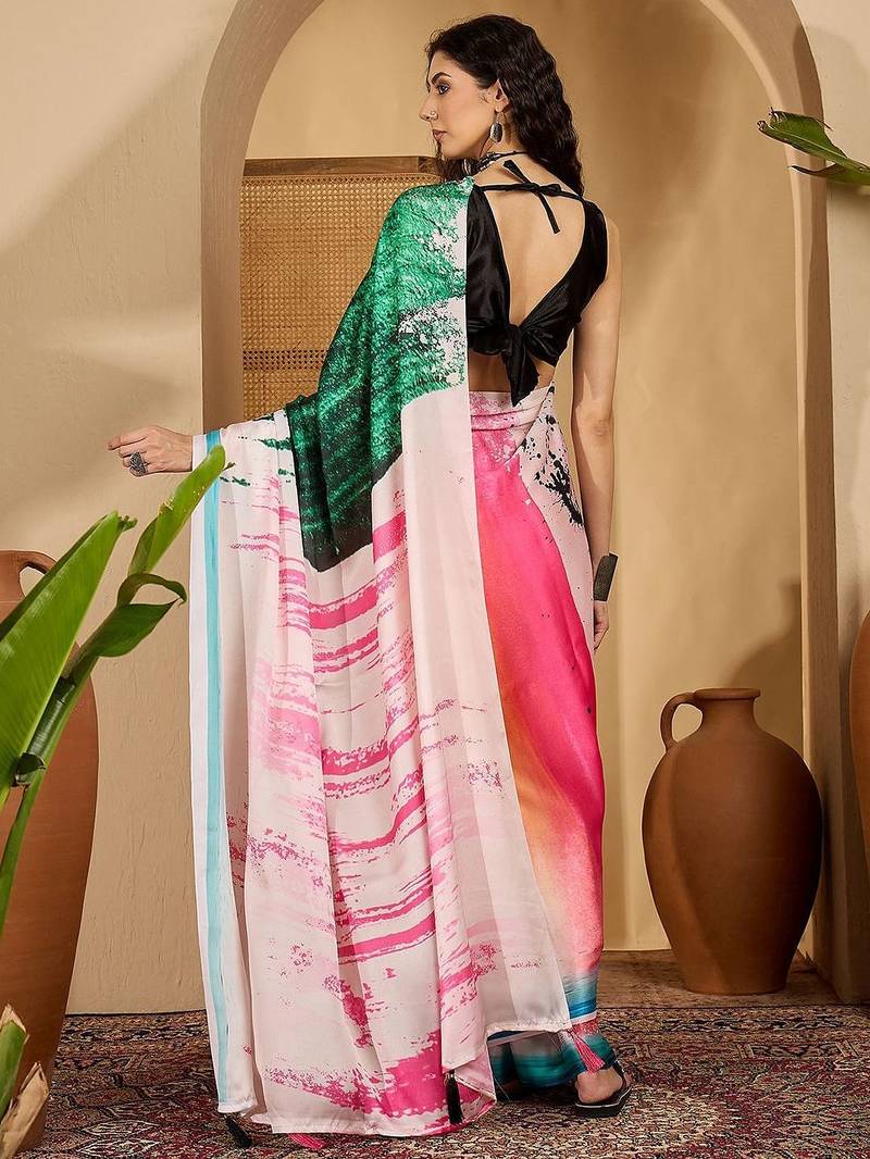 Pink abstract printed saree with unstitched blouse