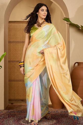 Yellow abstract printed saree with unstitched blouse