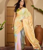 Yellow abstract printed saree with unstitched blouse