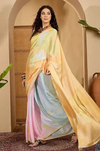 Yellow abstract printed saree with unstitched blouse