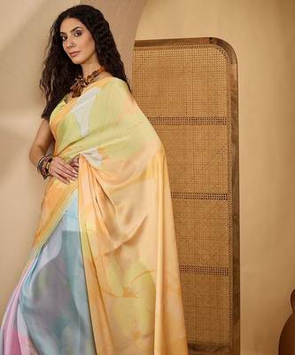 Yellow abstract printed saree with unstitched blouse 5