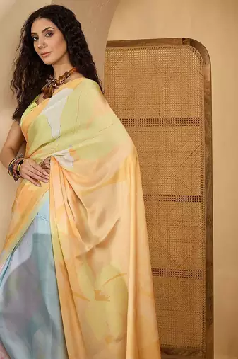 Yellow abstract printed saree with unstitched blouse