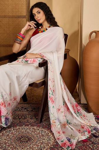 White floral printed saree with unstitched blouse
