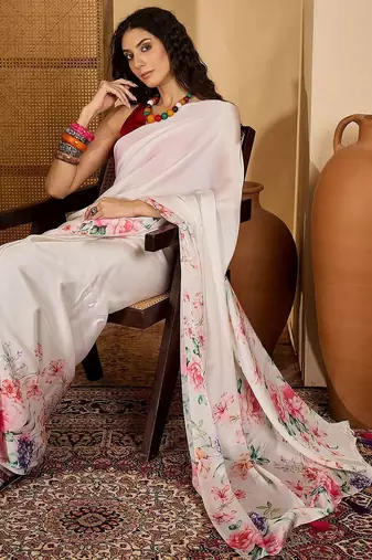 White floral printed saree with unstitched blouse
