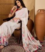 White floral printed saree with unstitched blouse