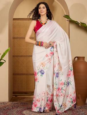 White floral printed saree with unstitched blouse 3