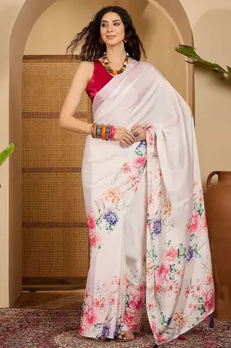 White floral printed saree with unstitched blouse