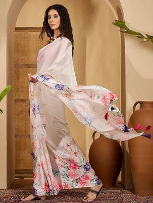 White floral printed saree with unstitched blouse 4