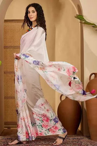 White floral printed saree with unstitched blouse