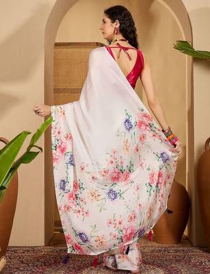White floral printed saree with unstitched blouse 5