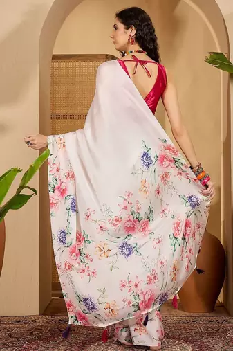White floral printed saree with unstitched blouse
