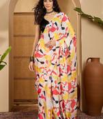 White abstract printed saree with unstitched blouse
