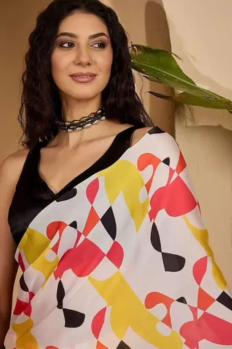 White abstract printed saree with unstitched blouse