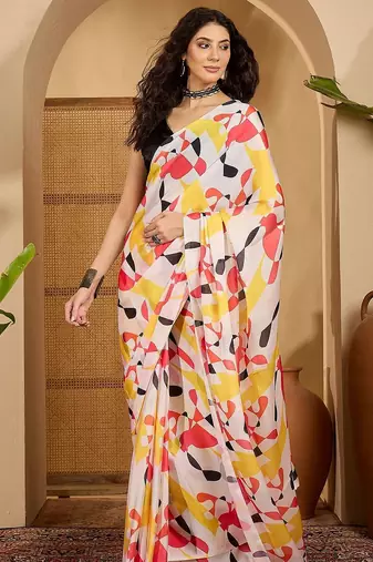 White abstract printed saree with unstitched blouse