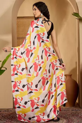 White abstract printed saree with unstitched blouse