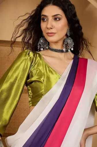 White colourblocked saree with unstitched blouse