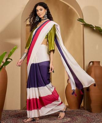 White colourblocked saree with unstitched blouse 3