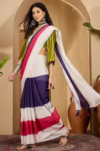 White colourblocked saree with unstitched blouse