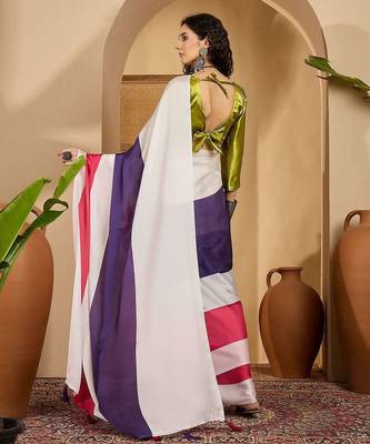 White colourblocked saree with unstitched blouse 4