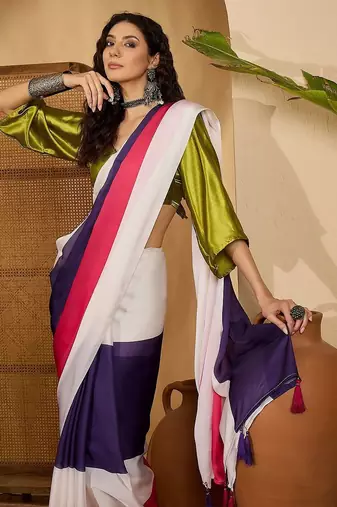 White colourblocked saree with unstitched blouse