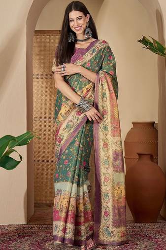 Green green silk blend printed sarees