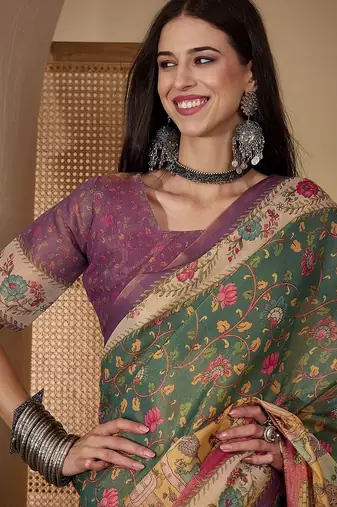 Green green silk blend printed sarees