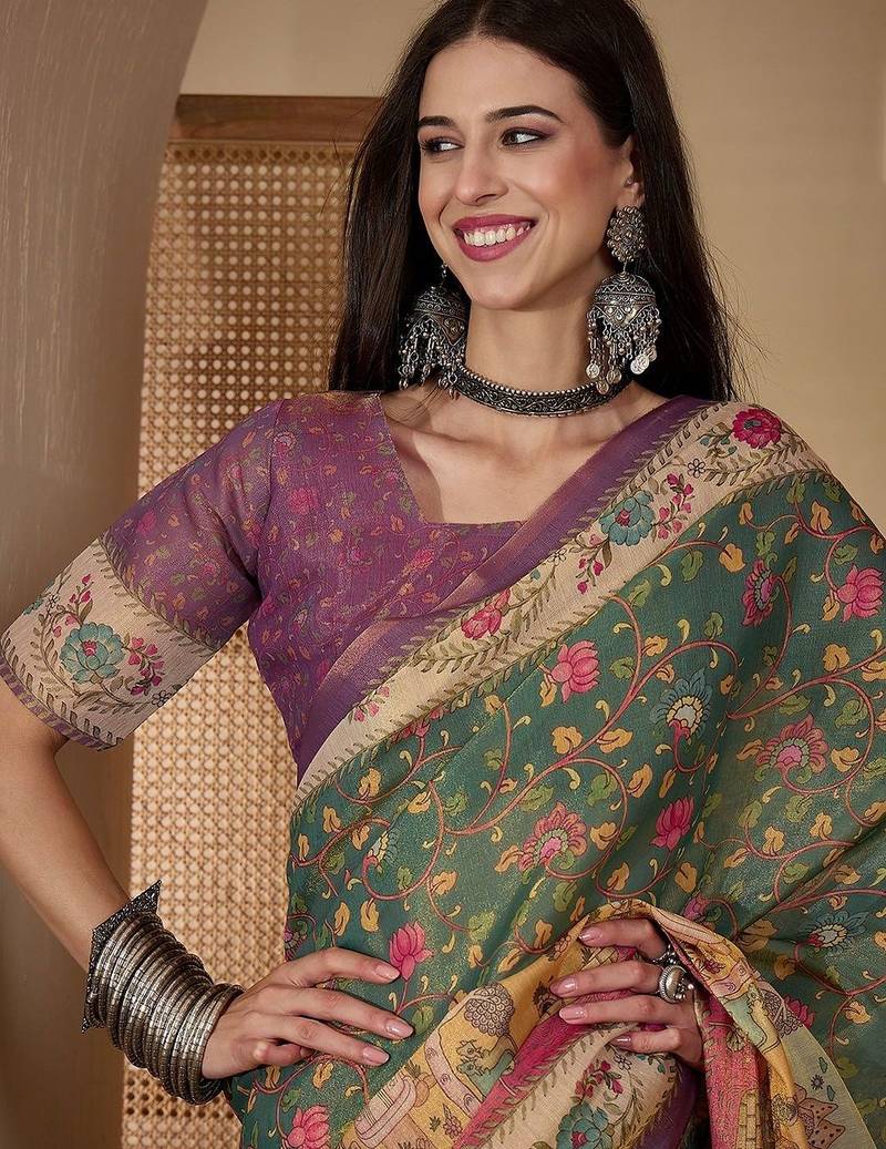 Green green silk blend printed sarees