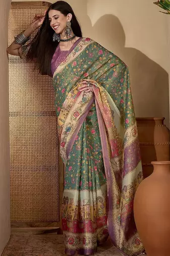 Green green silk blend printed sarees