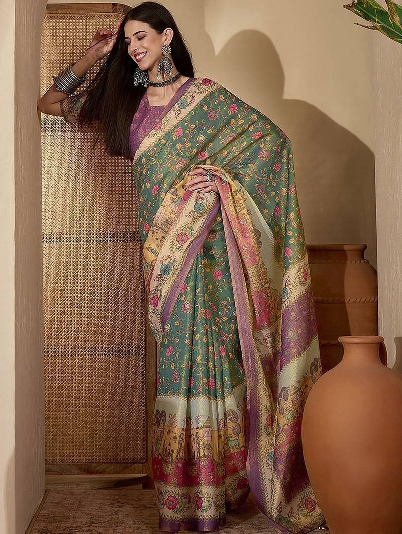 Green green silk blend printed sarees