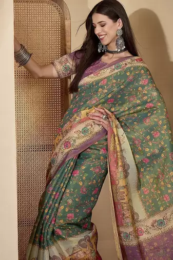 Green green silk blend printed sarees