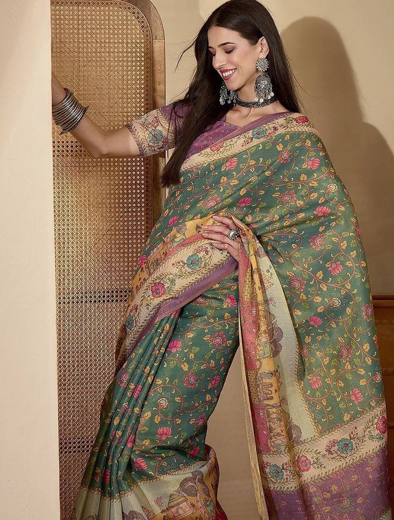 Green green silk blend printed sarees