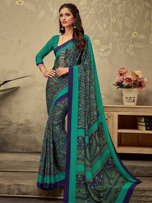 Navy blue printed saree with blouse piece 1
