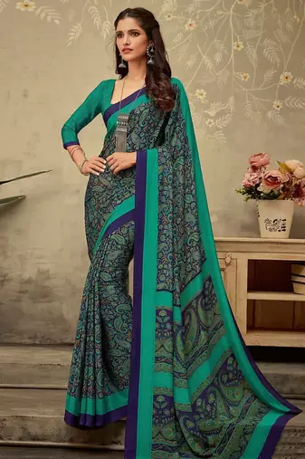 Navy blue printed saree with blouse piece