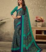 Navy blue printed saree with blouse piece