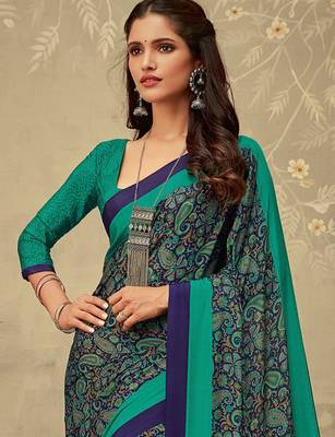 Navy blue printed saree with blouse piece 2