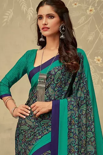 Navy blue printed saree with blouse piece