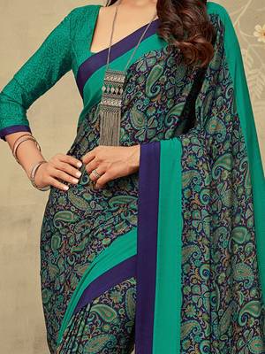 Navy blue printed saree with blouse piece 3