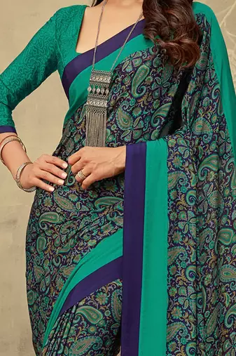 Navy blue printed saree with blouse piece