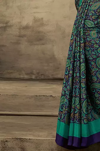 Navy blue printed saree with blouse piece
