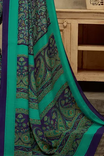 Navy blue printed saree with blouse piece