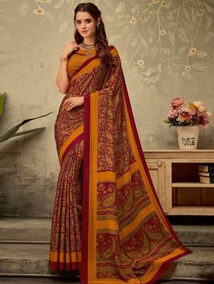 Maroon printed saree with blouse piece 1