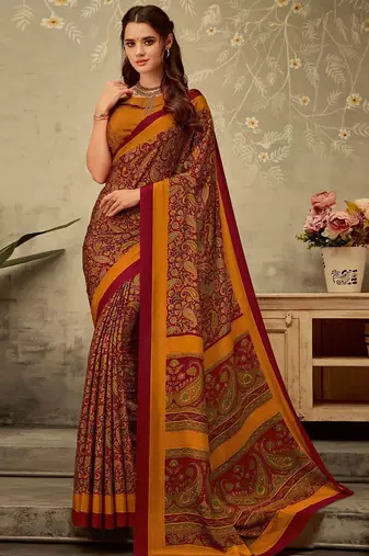 Maroon printed saree with blouse piece