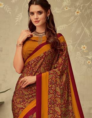 Maroon printed saree with blouse piece 2