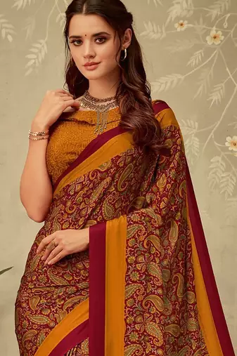 Maroon printed saree with blouse piece