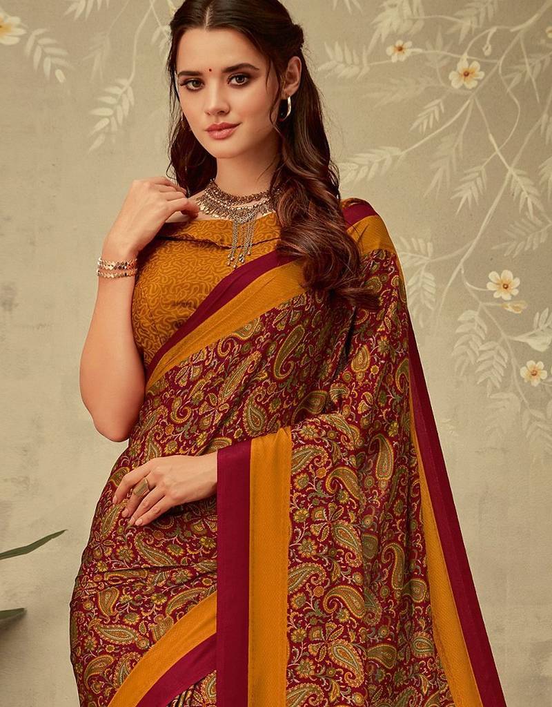 Maroon printed saree with blouse piece