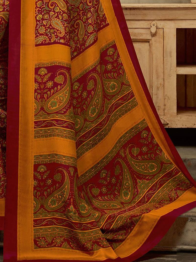 Maroon printed saree with blouse piece