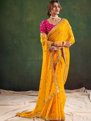 Yellow women geometric embellished sequinned  chiffon designer saree 1