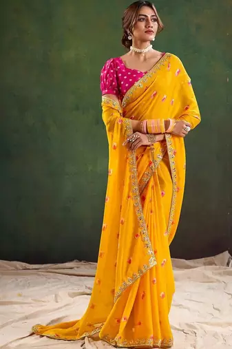 Yellow women geometric embellished sequinned  chiffon designer saree