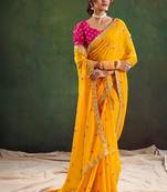 Yellow women geometric embellished sequinned  chiffon designer saree